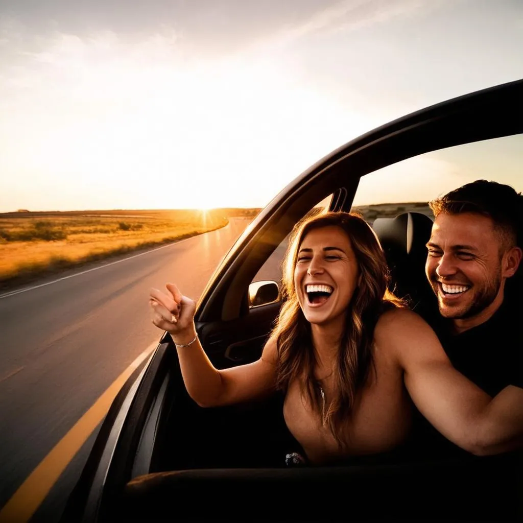 happy couple driving